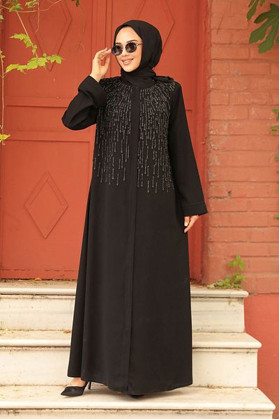 Neva Style Abaya hijab neagră brodata cu margele 29106S