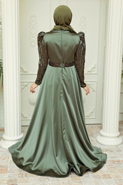 Neva Style Beaded Khaki Satin Hijab Evening Dress 22671Hk