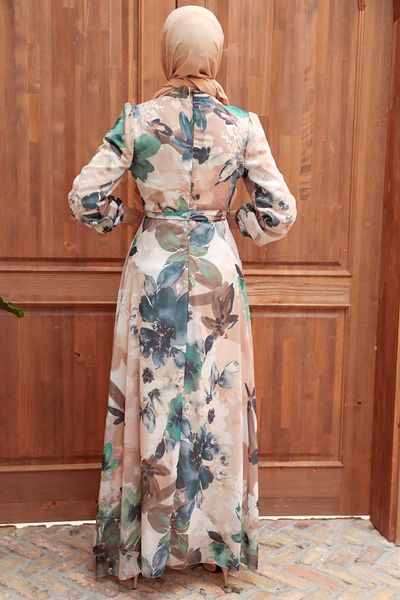 Neva Style Rochie Hijab Bej cu Motiv Floral 27925bej