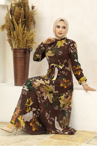 Neva Style Φόρεμα Hijab Καφέ με Floral σχέδιο 27942kh