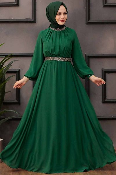 Neva Style Balloon Sleeve Green Hijab Evening Dress 5339Y