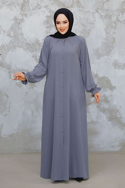 Neva Style Hijab gri cu nasturi Ferace 45275GR