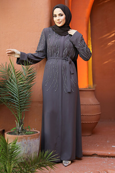 Neva Style Brown Hijab Ferace - Bead Embroidered, Model 29102KH