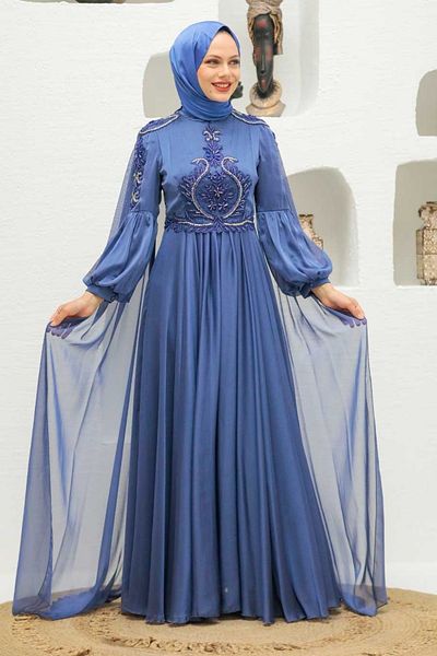 Neva Style Μπλε Indigo Hijab Βραδινό Φόρεμα με Μανδύα 2212ım