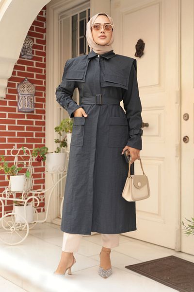 Neva Style Μπλε ναυτικό γιακά Hijab Trench Coat - 19023L