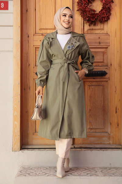 Neva Style Boncuk Detaylı Haki Tesettür Trençkot 639hk