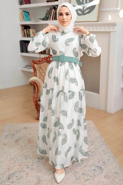 Neva Style Patterned Green Hijab Dress 1228Cy