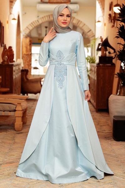 Neva Style Rochie de seara hijab - Rochie de seara hijab albastru bebelus cu detaliu din dantela 284bm