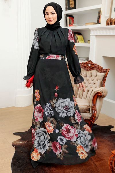 Neva Style - Rochie Hijab Neagră cu Motiv Floral 35461s