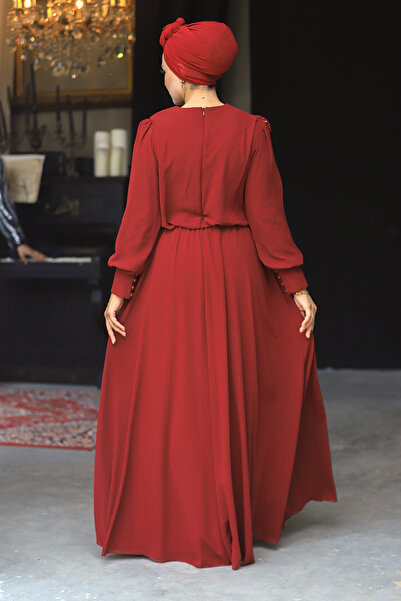 Neva Style Burgundy Hijab Evening Dress with Lace Sleeves 54030Br