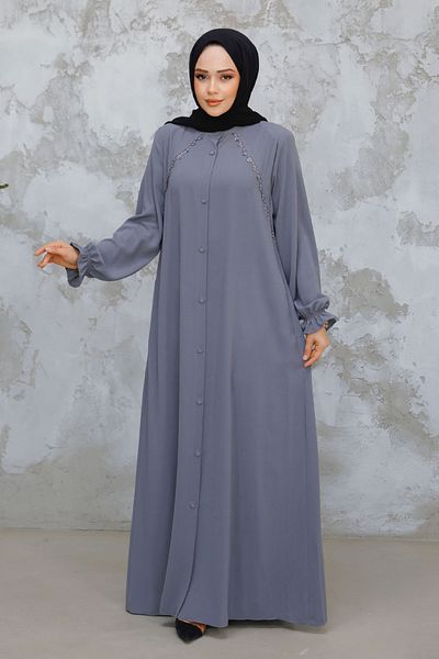 Neva Style Hijab gri cu nasturi Ferace 45275GR