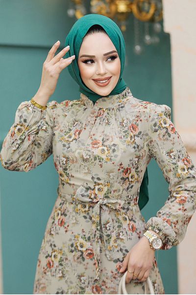 Neva Style Rochie Hijab Bej cu Motive Florale 27947bej