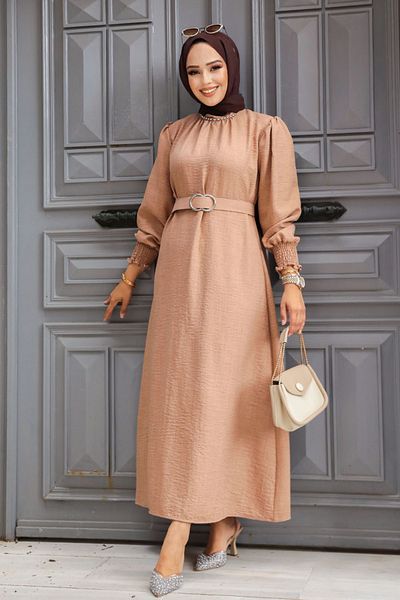 Neva Style Φόρεμα Camel Hijab με ζώνη 661c