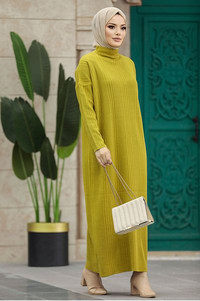 Neva Style - Turtleneck Collar Mustard Hijab Knitwear Dress 34150Hr