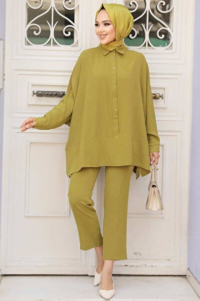 Neva Style Σετ Hijab με πράσινο κουμπί λαδιού - 67751YY