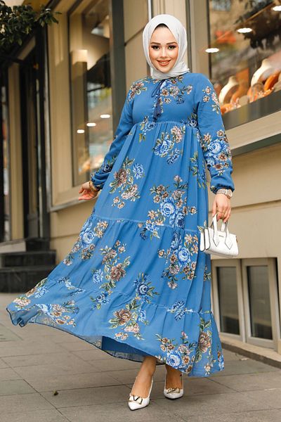 Neva Style Rochie Hijab Albastru Indigo cu Motiv Floral 22052IM