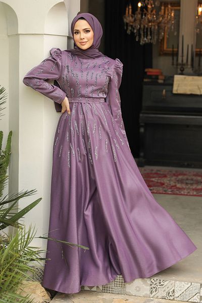 Neva Style Rochie de seara cu hijab - Rochie de seara hijab liliac inchis brodata cu margele 51891klıla