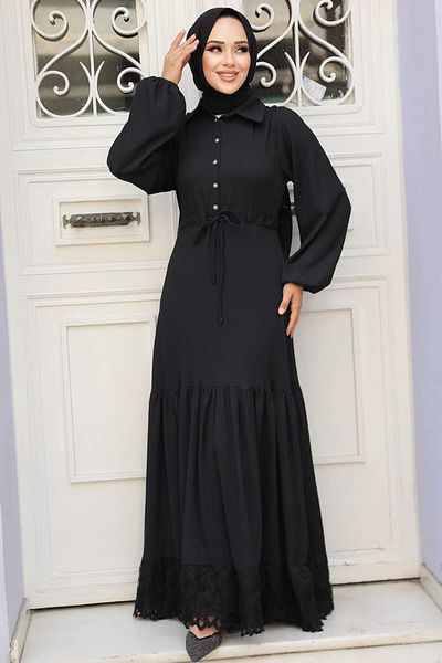 Neva Style - Rochie Hijab neagră cu nasturi 5878s