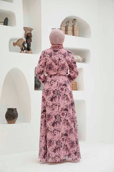 Neva Style Floral Patterned Powder Hijab Dress 279055 Pd