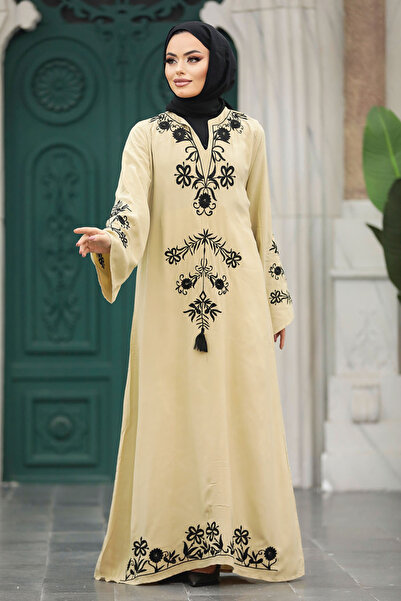 Neva Style Beige Hijab Dress with Flower Detail 11153BEIGE