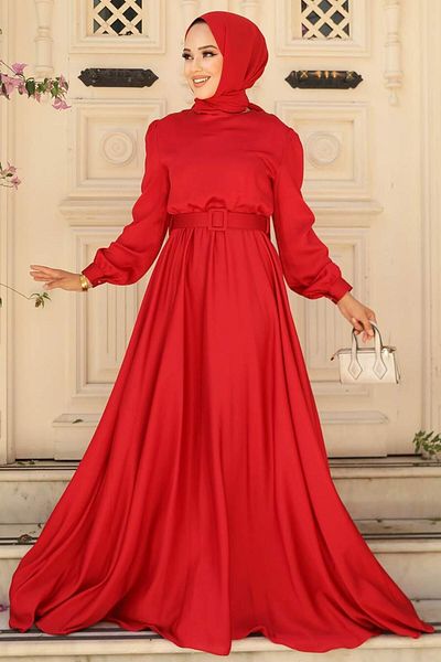 Neva Style فساتين سهرة حجاب - فستان سهرة حجاب أحمر بحزام 28890k
