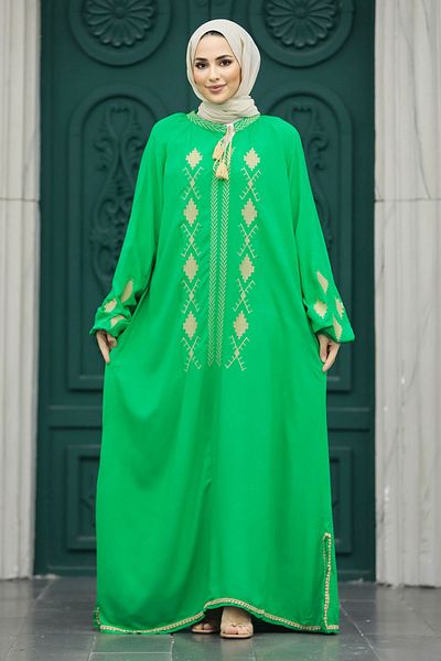 Neva Style Πράσινο Φόρεμα Hijab με Λεπτομέρεια Μοτίβου 10136y
