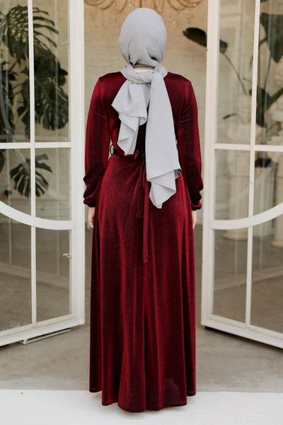 Neva Style Βραδινό φόρεμα Hijab σε ασημί μπορντό χρώμα 42541BR