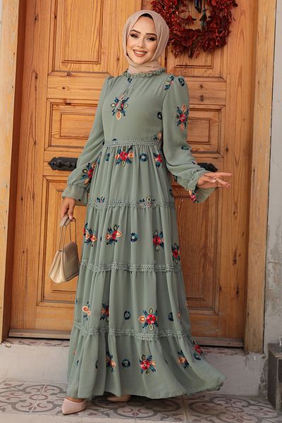 Neva Style Green Embroidery Patterned Hijab Dress - 45541CY