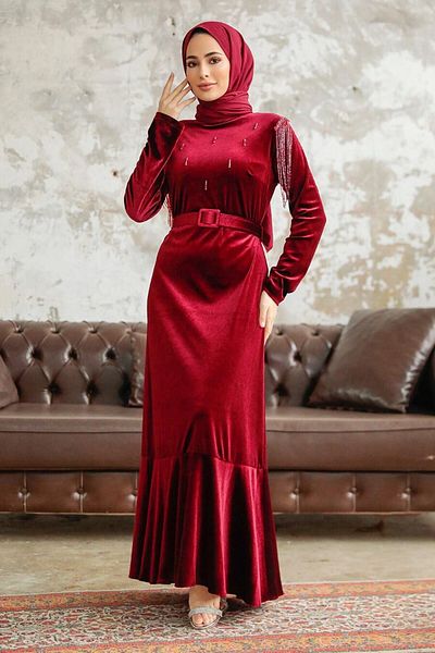 Neva Style - Rochie din catifea Hijab Burgundy cu centura cu catarama 3748br