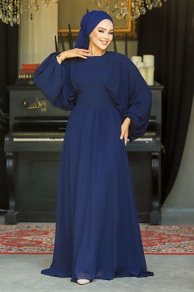 Neva Style Βραδινό φόρεμα με μπαλόνι μανίκι Navy Blue Hijab 60681l