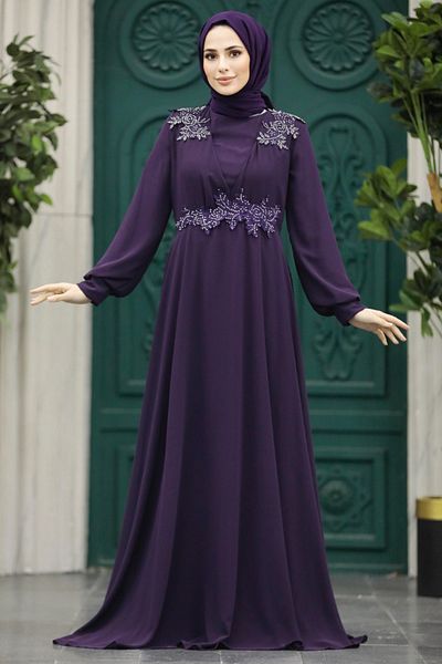 Neva Style Rochie de seara cu hijab - Rochie de seara musulmana prune cu margele 22113mu