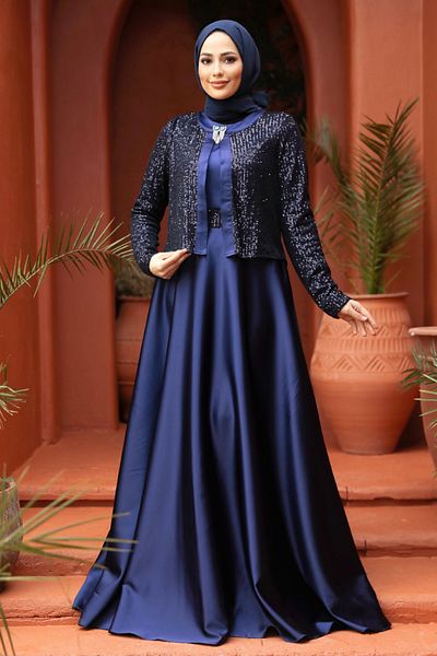 Neva Style Jacket Detailed Navy Blue Hijab Satin Evening Dress 25881L