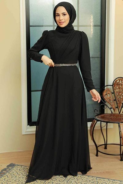 Neva Style Rochie de seară neagră cu hijab cu detaliu drapat 5737s