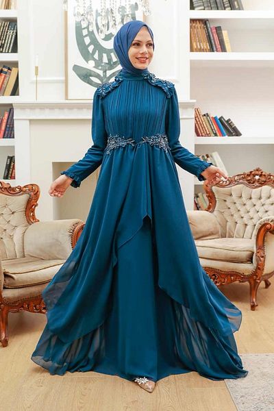 Neva Style Rochie de seara Hijab - Rochie de seara Hijab albastru petrol cu margele 25807pm