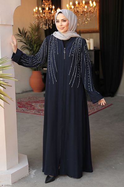 Neva Style Navy Blue Hijab Abaya - Κεντημένο με χάντρες, Μοντέλο 29111L