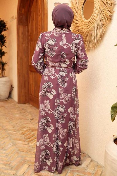 Neva Style Floral Patterned Dark Rose Hijab Dress 279020 Kgk