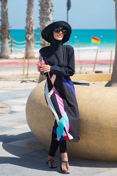 Neva Style Parachute Geometric Black Full Covered Hijab Swimsuit M2310S
