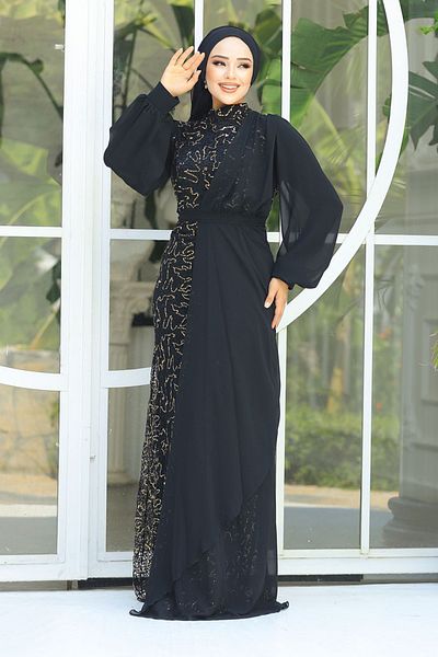 Neva Style Rochie de seara Hijab - Sifon Detaliat Paiete Aur Rochie de seara Hijab 5516gold