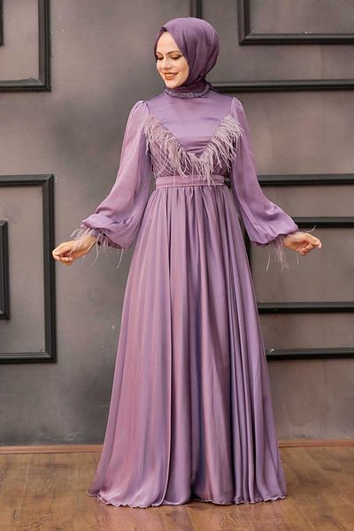 Neva Style Tasseled Dusty Rose Hijab Evening Dress 21731Gk