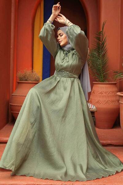 Neva Style Balloon Sleeve Green Hijab Evening Dress 45581Cy