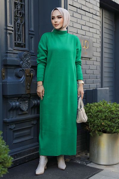 Neva Style Πράσινο Πλεκτό Φόρεμα Hijab 3409y