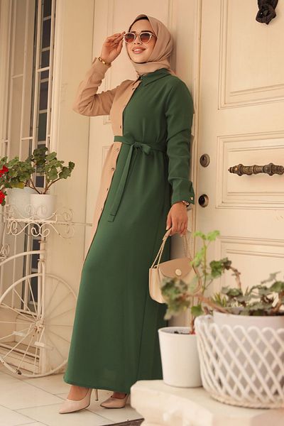 Neva Style Μπλοκ Χρώμα Πράσινο Μουσουλμανικό Φόρεμα 3437y