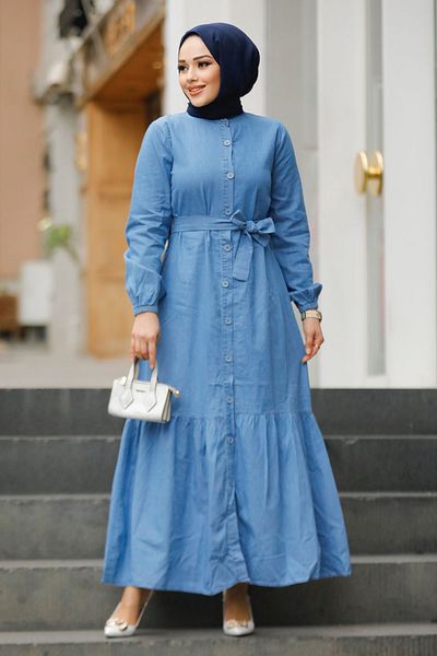 Neva Style Rochie albastră hijab din denim cu centură 19107M