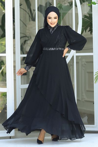 Neva Style Rochie de seara neagra cu margele 22201s