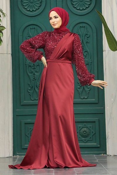 Neva Style Rochie de seara Bordotesettur brodata cu paiete 2311br