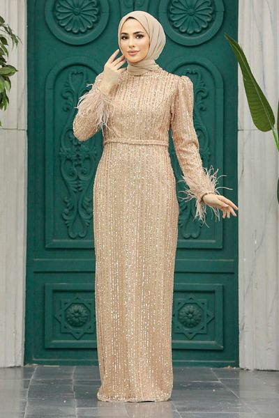Neva Style Rochie de seara Hijab - Rochie de seara Hijab aurie brodata cu paiete 23210aur
