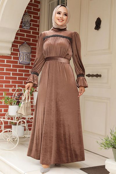 Neva Style Ζώνη Dark Mink Hijab Velvet Φόρεμα 37291kv