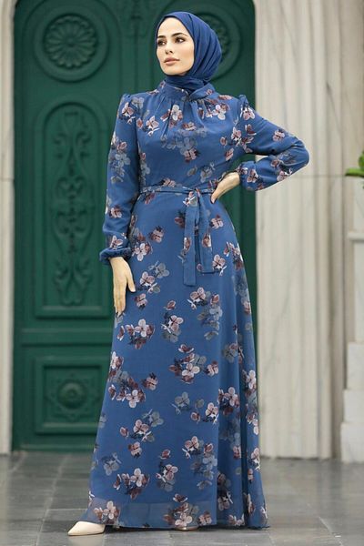 Neva Style Φόρεμα Hijab με λουλουδάτο σχέδιο Indigo Blue 279317 είμαι