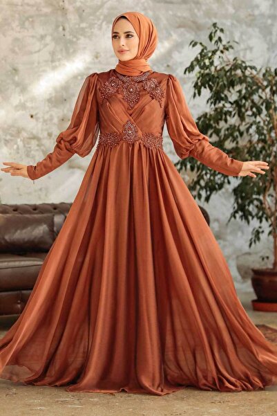Neva Style Boncuk Işlemeli Taba Saten Tesettür Abiye 25822tb
