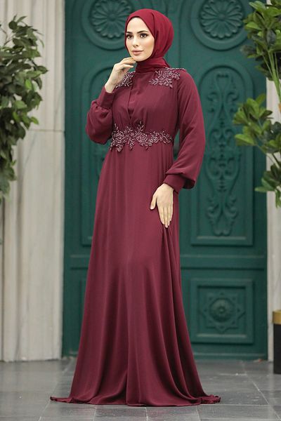 Neva Style Burgundy Hijab Evening Dress with Bead Detail 22113Br
